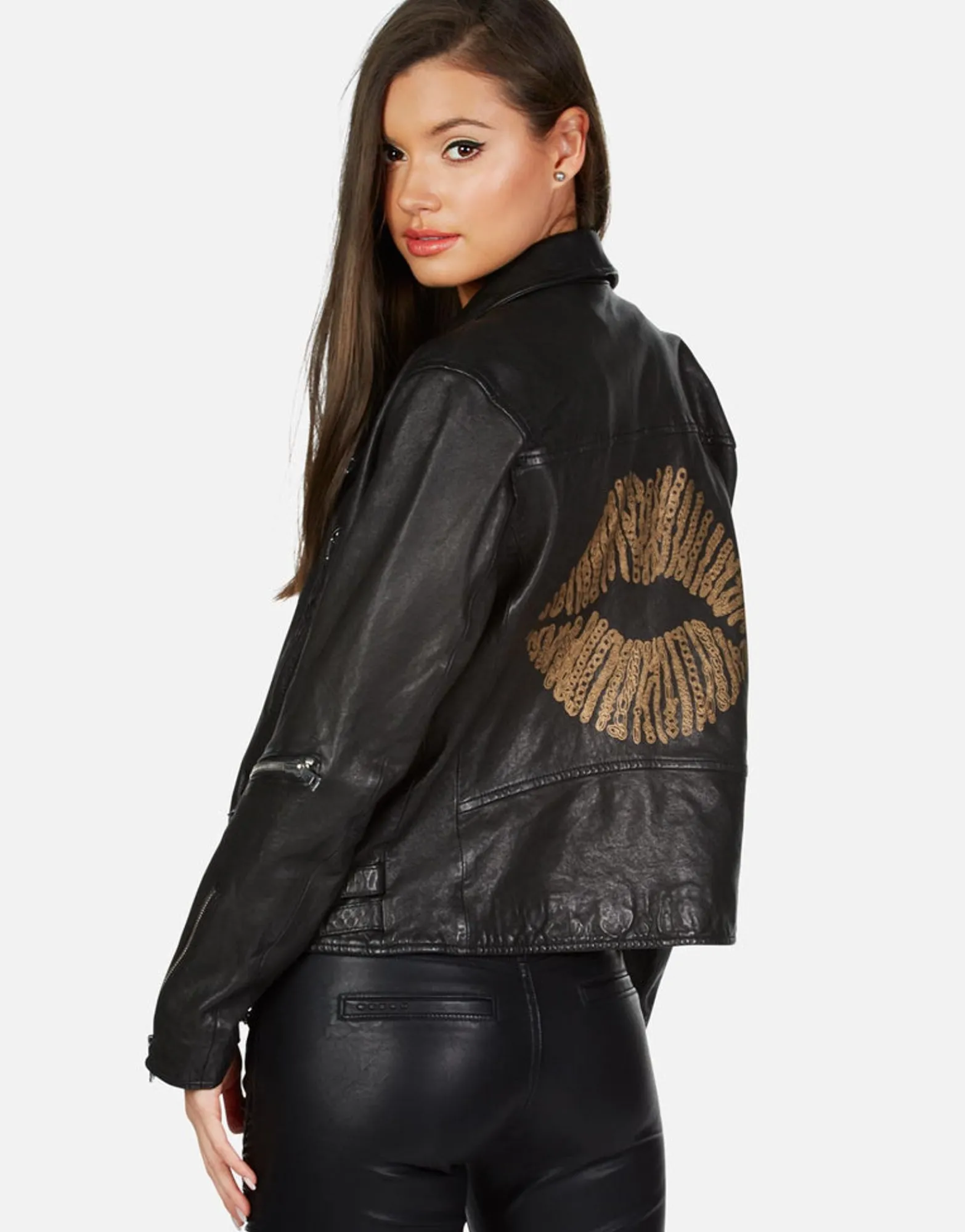 Online X Posey X Gold Chain Kiss Leather Moto Jacket By Women Jackets