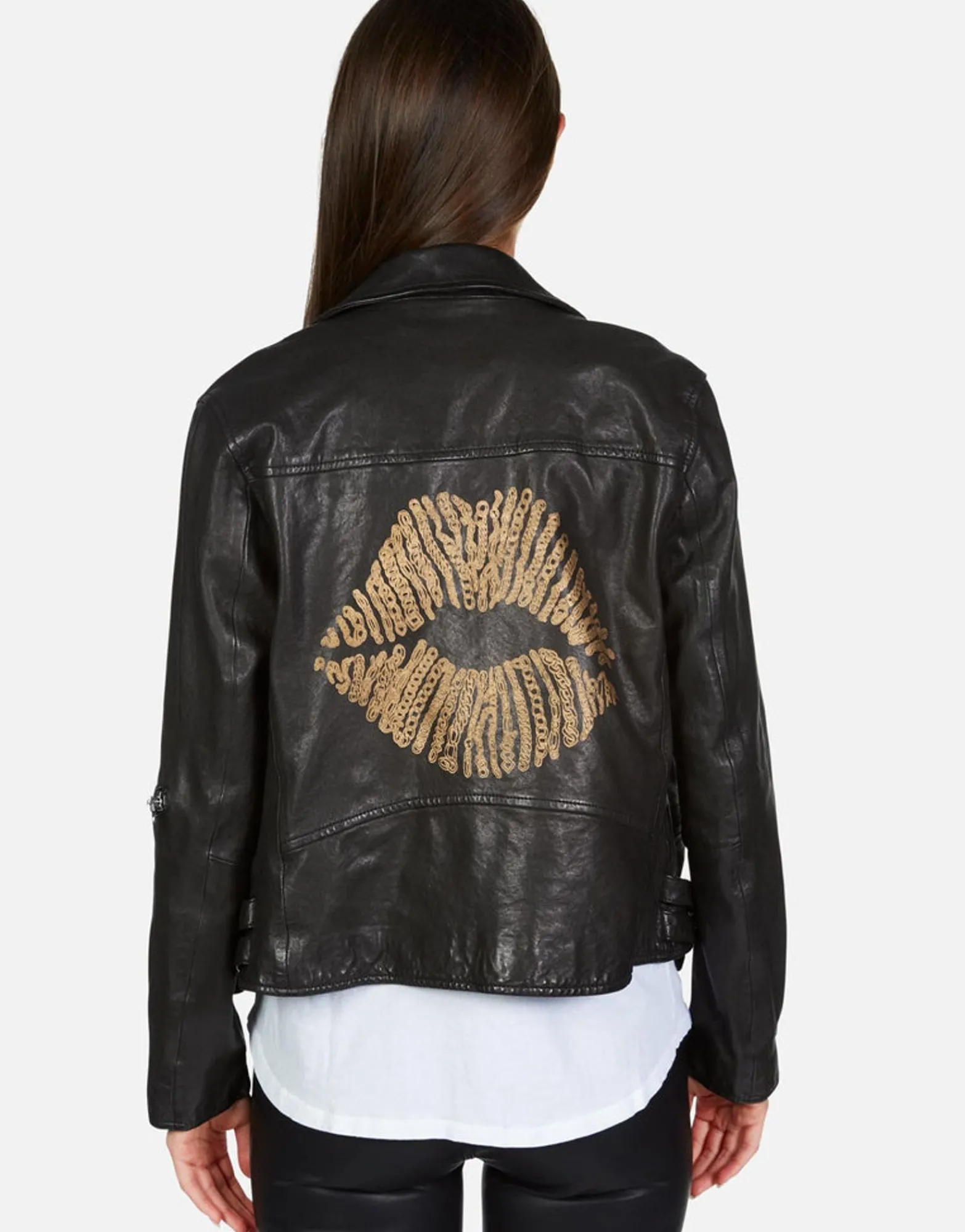 Online X Posey X Gold Chain Kiss Leather Moto Jacket By Women Jackets