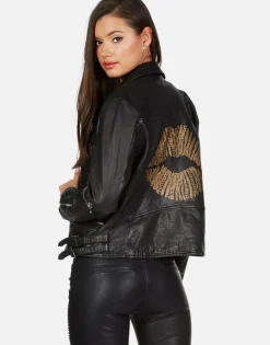 Online X Posey X Gold Chain Kiss Leather Moto Jacket By Women Jackets